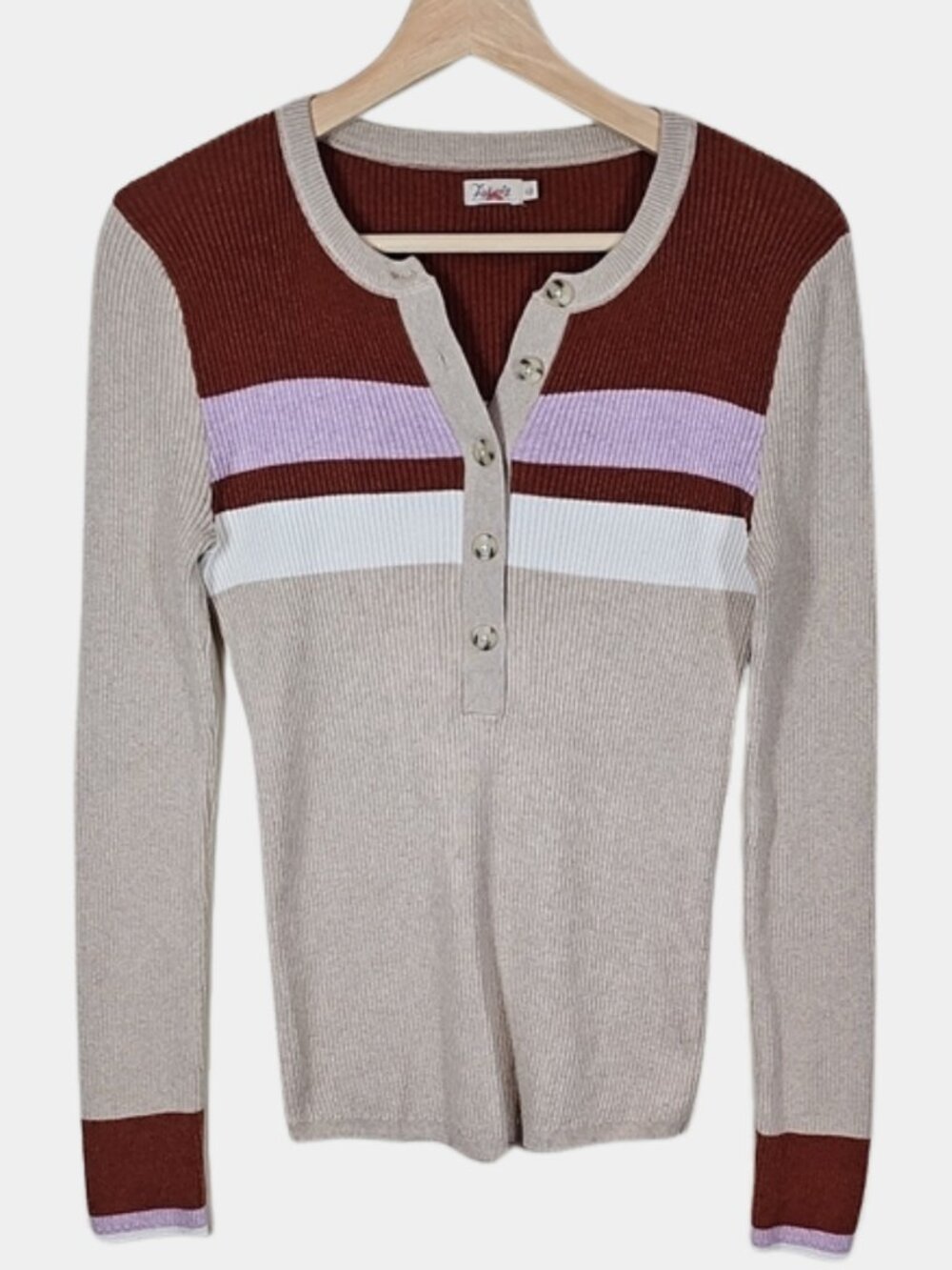 Faherty Mikki Henley Sweater Sz S Neutral Colorblock Cotton Cashmere Retro 70's